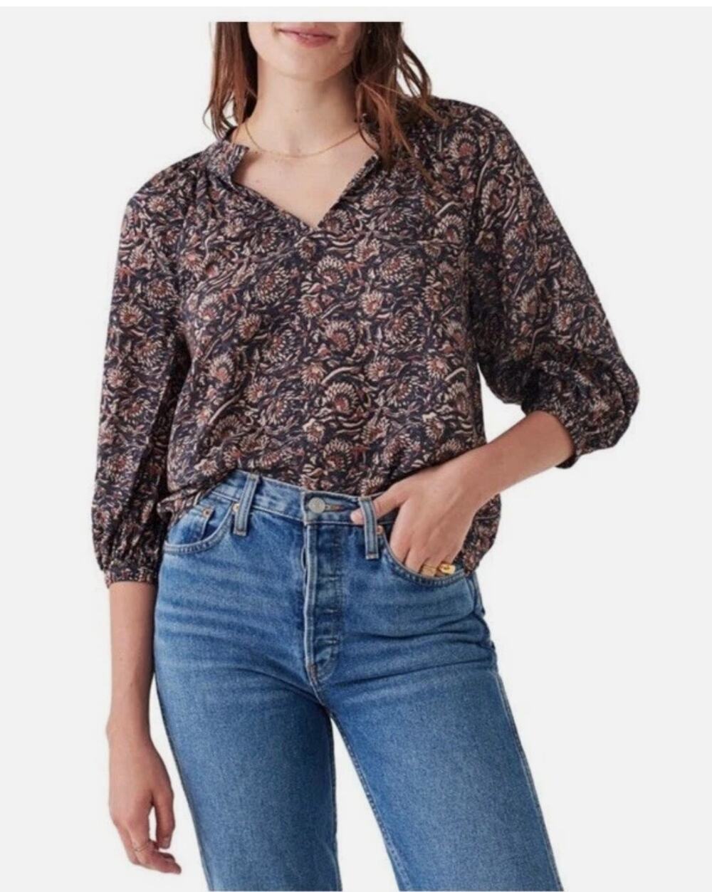 FAHERTY Portia Lightweight Artisan Block Print Top // S